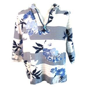 Westbound Women's Petite 3/4 Sleeve Blue & White Floral Hooded Shirt Size PM